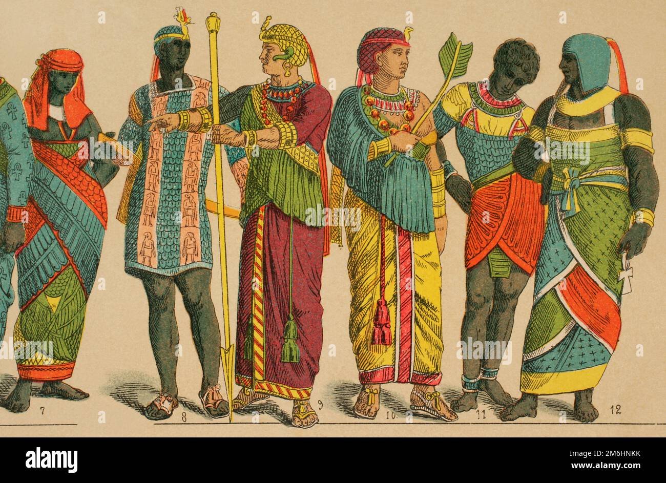Ancient Egypt. From left to right; 7: priestess in ceremonial costume, 8: breastplate or chain-mail of scales, 9-10: costume adhered to the body with long narrow sleeves, 11-12: ornate apron for kings and priests. Chromolithography. 'Historia Universal' (Universal History), by Cesar Cantu. Volume I, 1881. Stock Photo