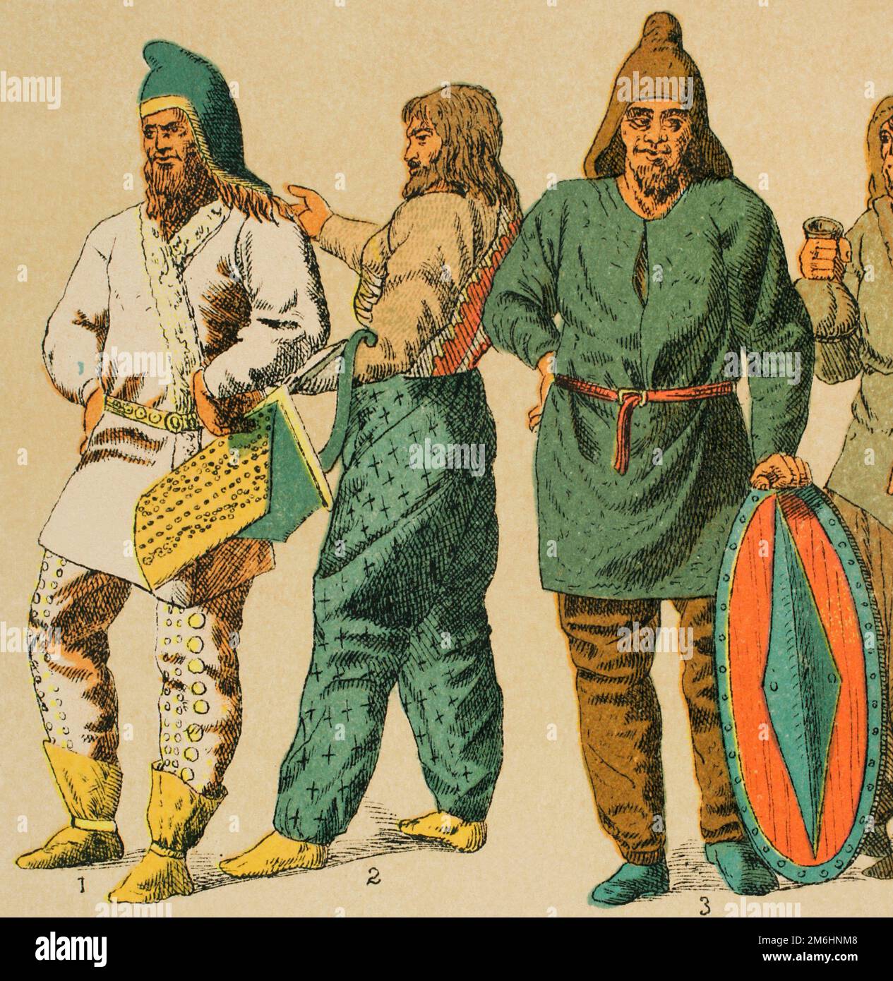 Near East. Scythians and Parthians. From left to right; 1: male Scythian garment, 2: male nuanced girdle, 3: men of the popular classes. Chromolithography. "Historia Universal" (Universal History), by Cesar Cantu. Volume I, 1881. Stock Photo