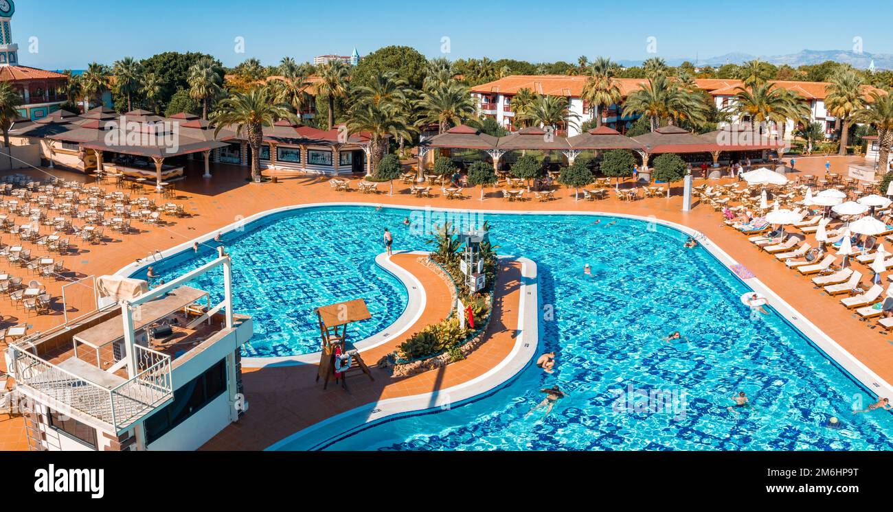 Aerial view of the outdoor swimming pool in a luxury hotel Stock Photo ...
