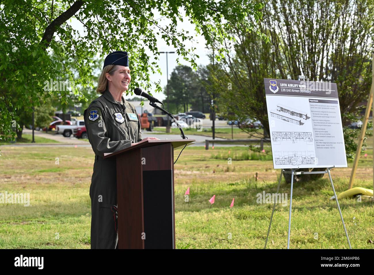 Col. Angela Ochoa, 19th Airlift Wing commander, provides opening remarks project during a groundbreaking ceremony at Little Rock Air Force Base, Arkansas, April 28, 2022. The $32 million project will construct two three-story permanent party enlisted dormitories to house 136 E-1 to E-4 military personnel in single occupancy dorms. Stock Photo