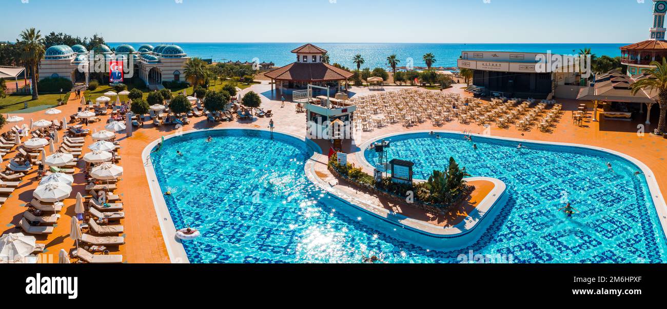 Aerial view of the outdoor swimming pool in a luxury hotel Stock Photo ...