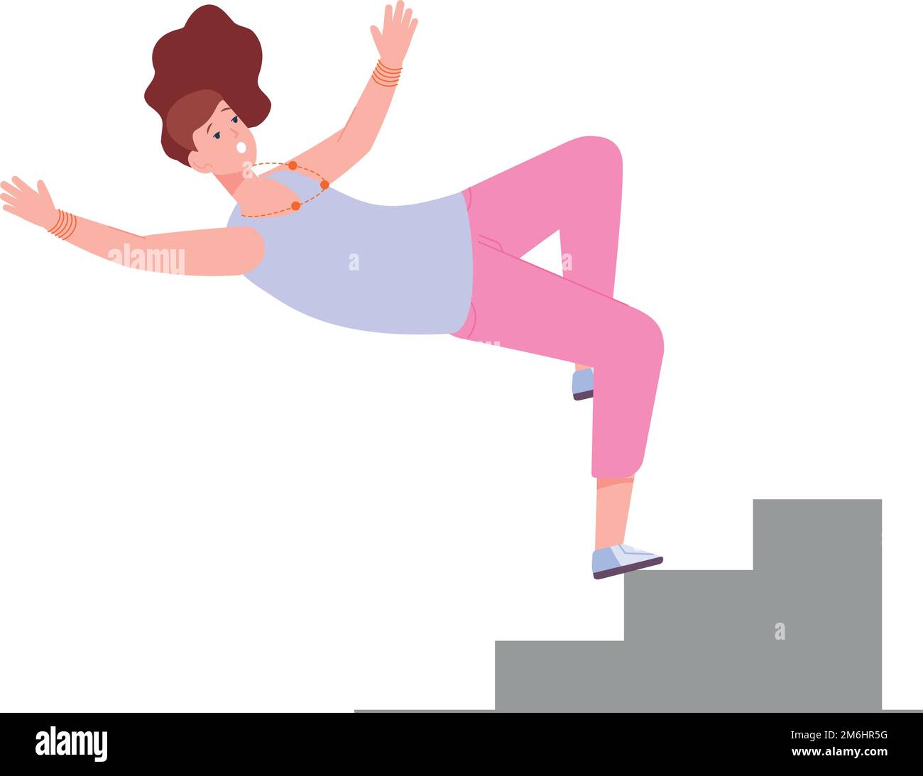 Woman falling from stairs. Falling down crash isolated on white