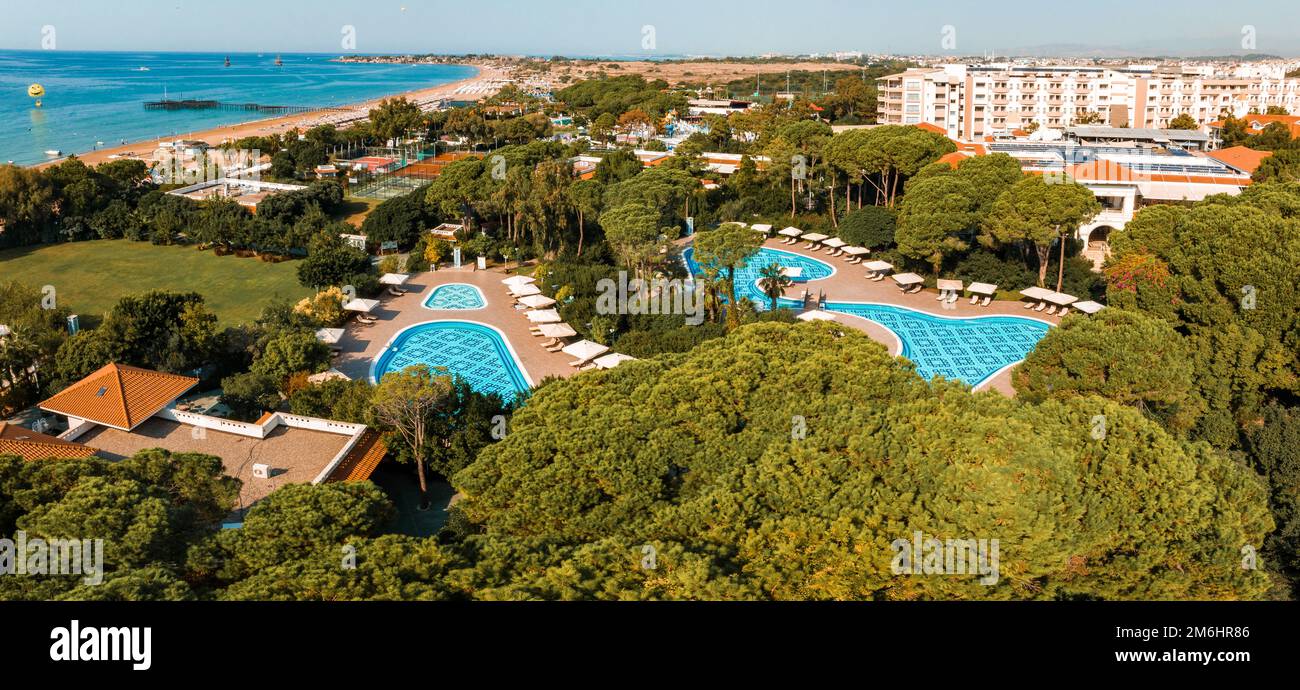 Luxurious beach resort with swimming pool and beach chairs and palm ...