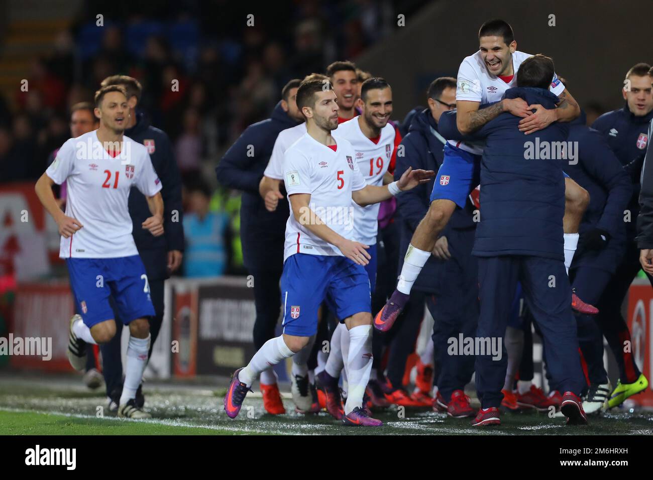Aleksandar Mitrovic of Serbia celebrates after scoring the equalising goal, making it 1-1 - Wales v Serbia, FIFA 2018 World Cup Qualifying Group D, Cardiff City Stadium, Cardiff - 12th November 2016. Stock Photo