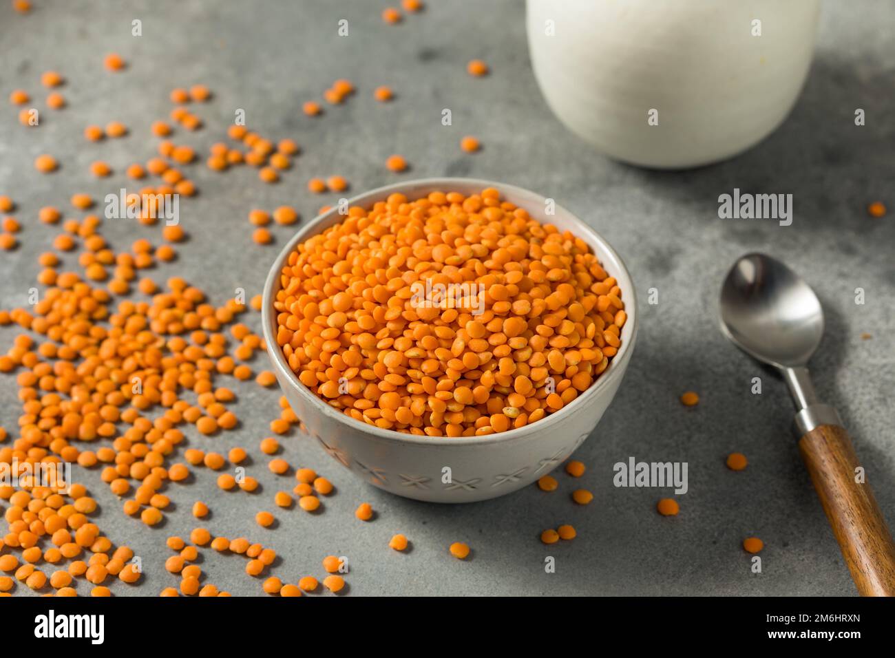 Raw Organic Red Lentils Legume in a Bowl Stock Photo