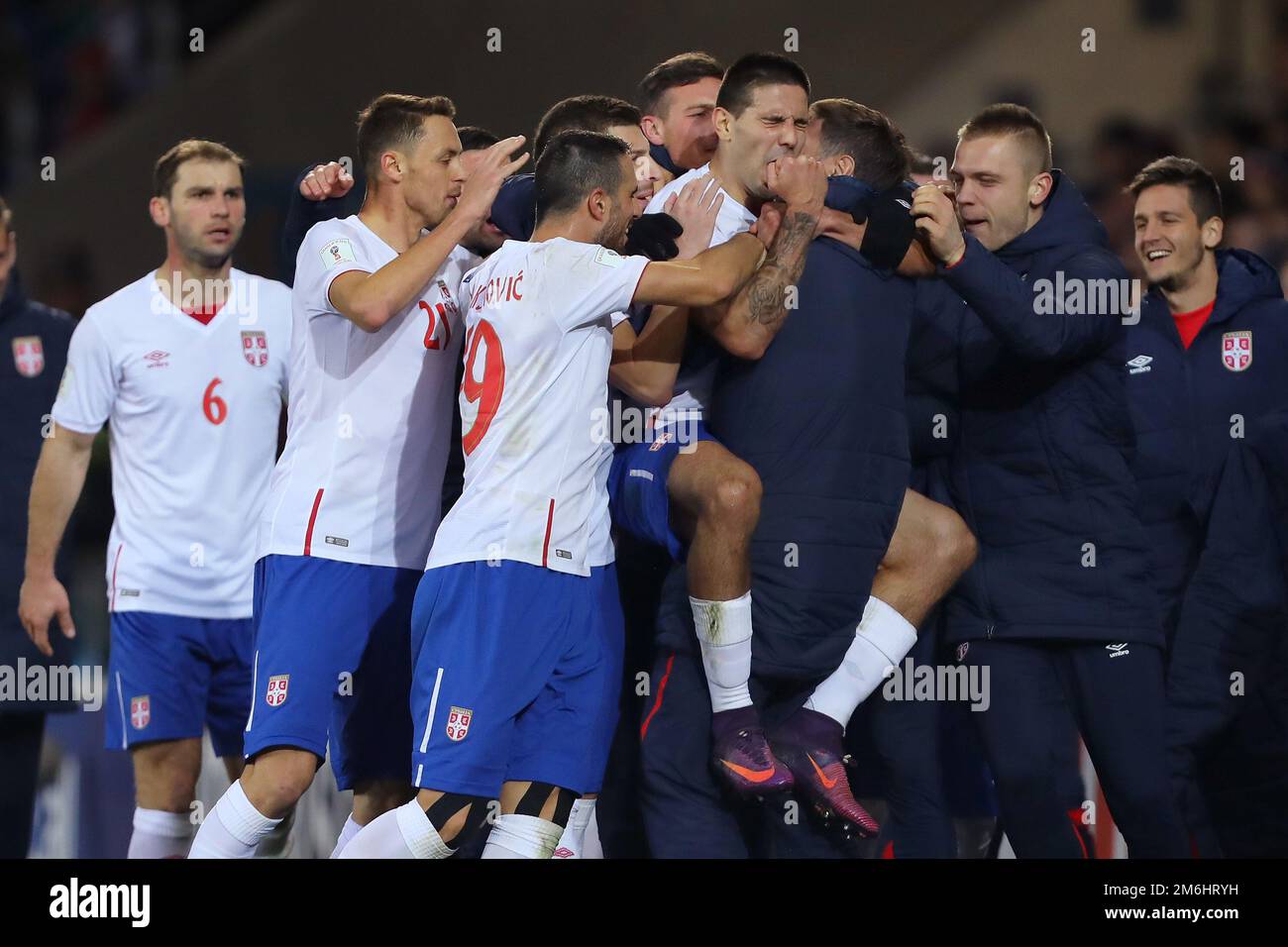 Aleksandar Mitrovic of Serbia celebrates after scoring the equalising goal, making it 1-1 - Wales v Serbia, FIFA 2018 World Cup Qualifying Group D, Cardiff City Stadium, Cardiff - 12th November 2016. Stock Photo