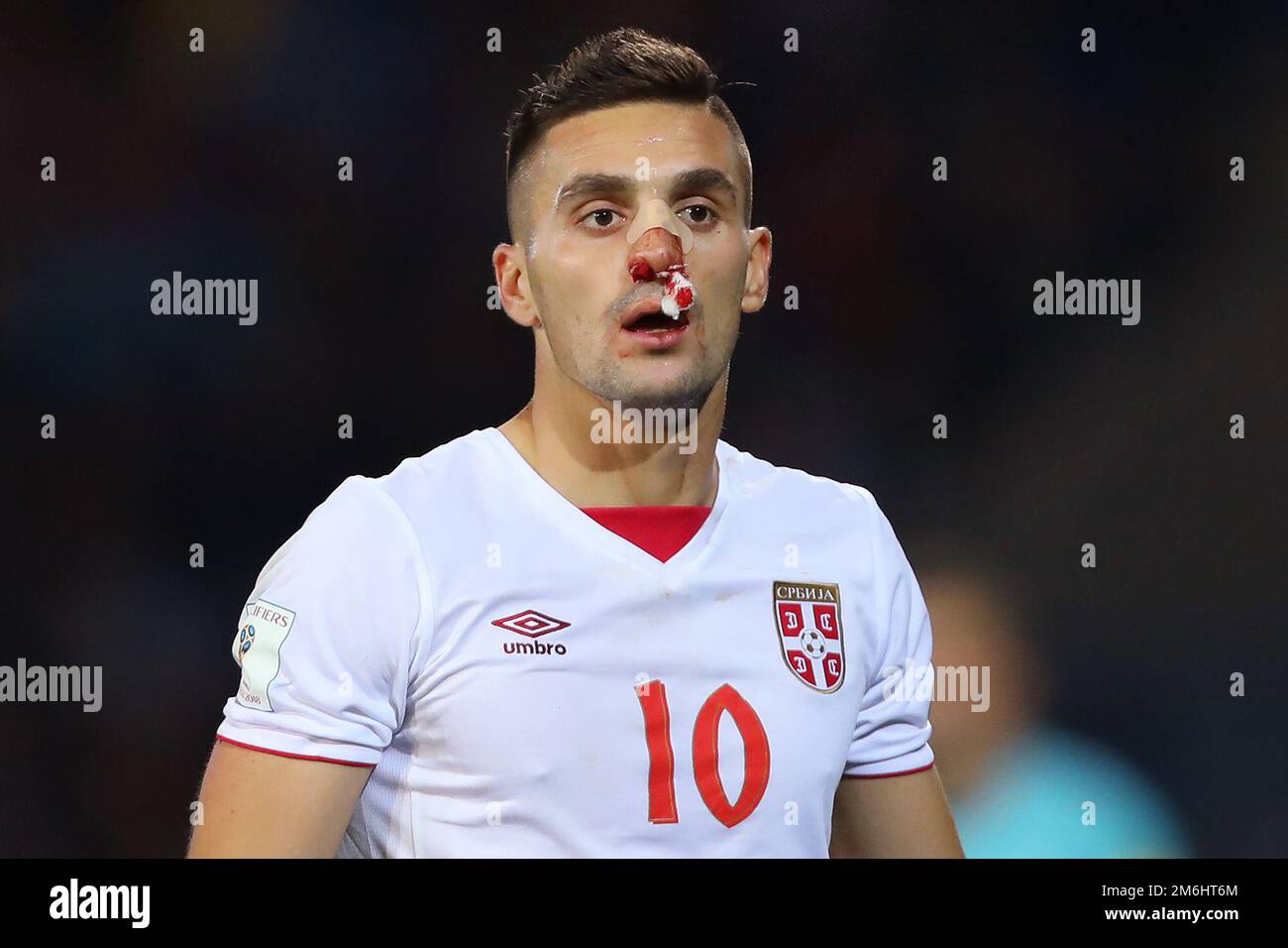 Dusan Tadic of Serbia with a bloodied nose - Wales v Serbia, FIFA 2018 World Cup Qualifying Group D, Cardiff City Stadium, Cardiff - 12th November 2016. Stock Photo