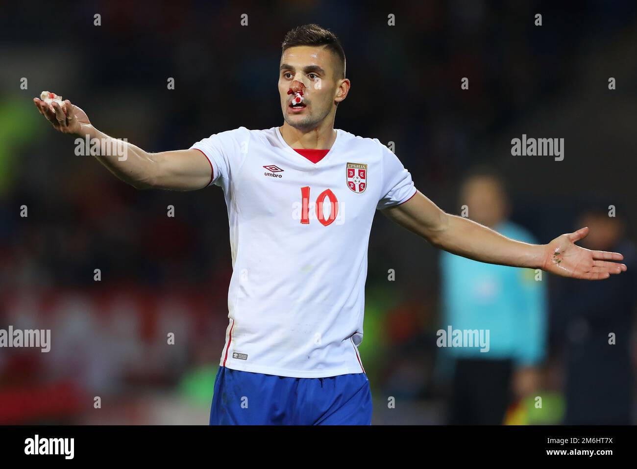 Dusan Tadic of Serbia with a bloodied nose - Wales v Serbia, FIFA 2018 World Cup Qualifying Group D, Cardiff City Stadium, Cardiff - 12th November 2016. Stock Photo