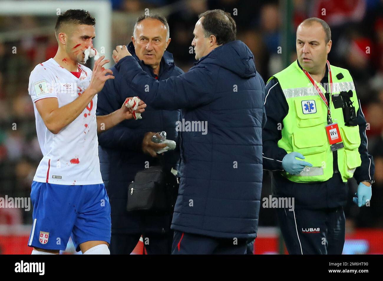 Dusan Tadic of Serbia receives treatment for a bloodied nose - Wales v Serbia, FIFA 2018 World Cup Qualifying Group D, Cardiff City Stadium, Cardiff - 12th November 2016. Stock Photo