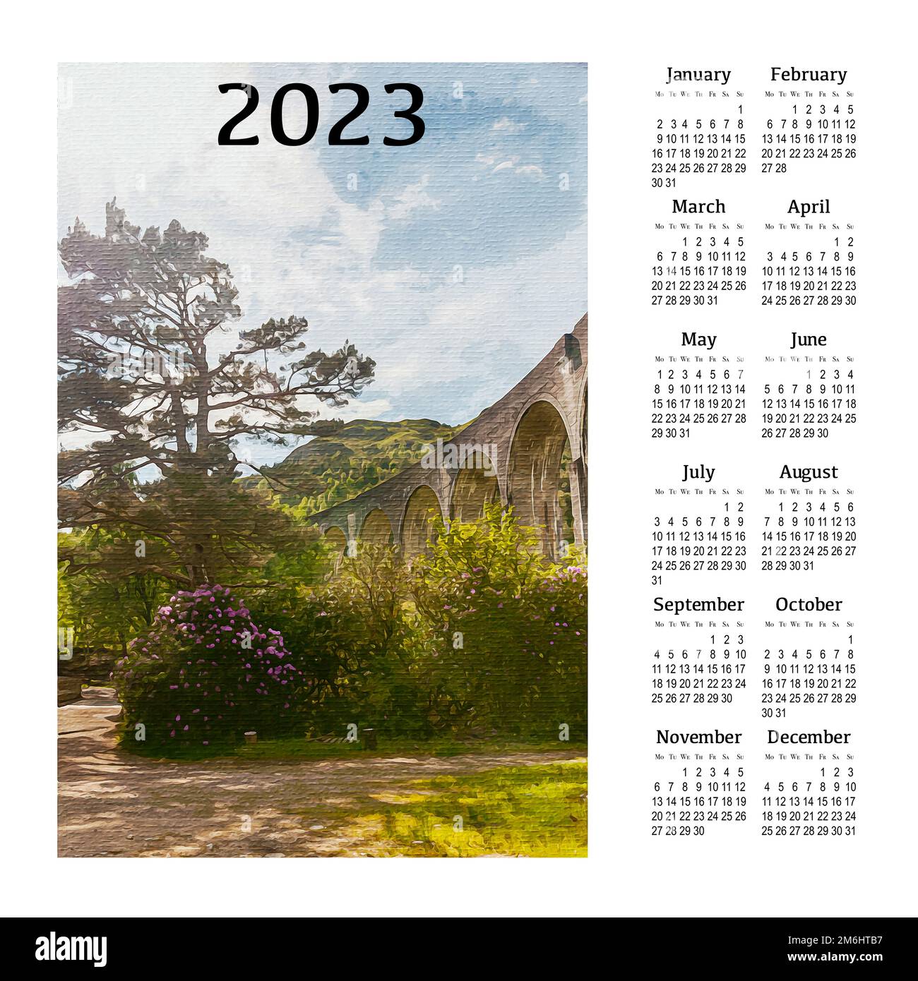 Calendar for 2023 on a white background for printing. Scotland, Great Britain. Stock Photo