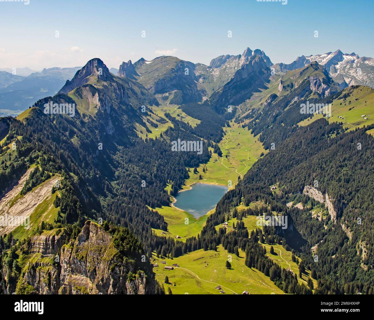 View from Hoher Kasten to Lake SÃ¤mtis, Appenzellerland Stock Photo