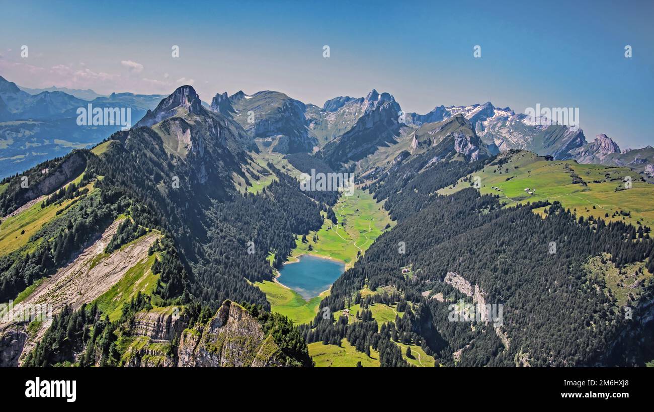 View from Hohen Kasten to Lake SÃ¤mtis, Appenzellerland Stock Photo