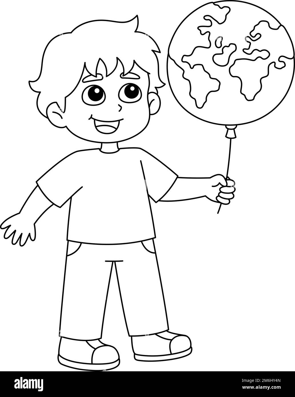 Boy Holding an Earth Balloon Isolated Coloring  Stock Vector