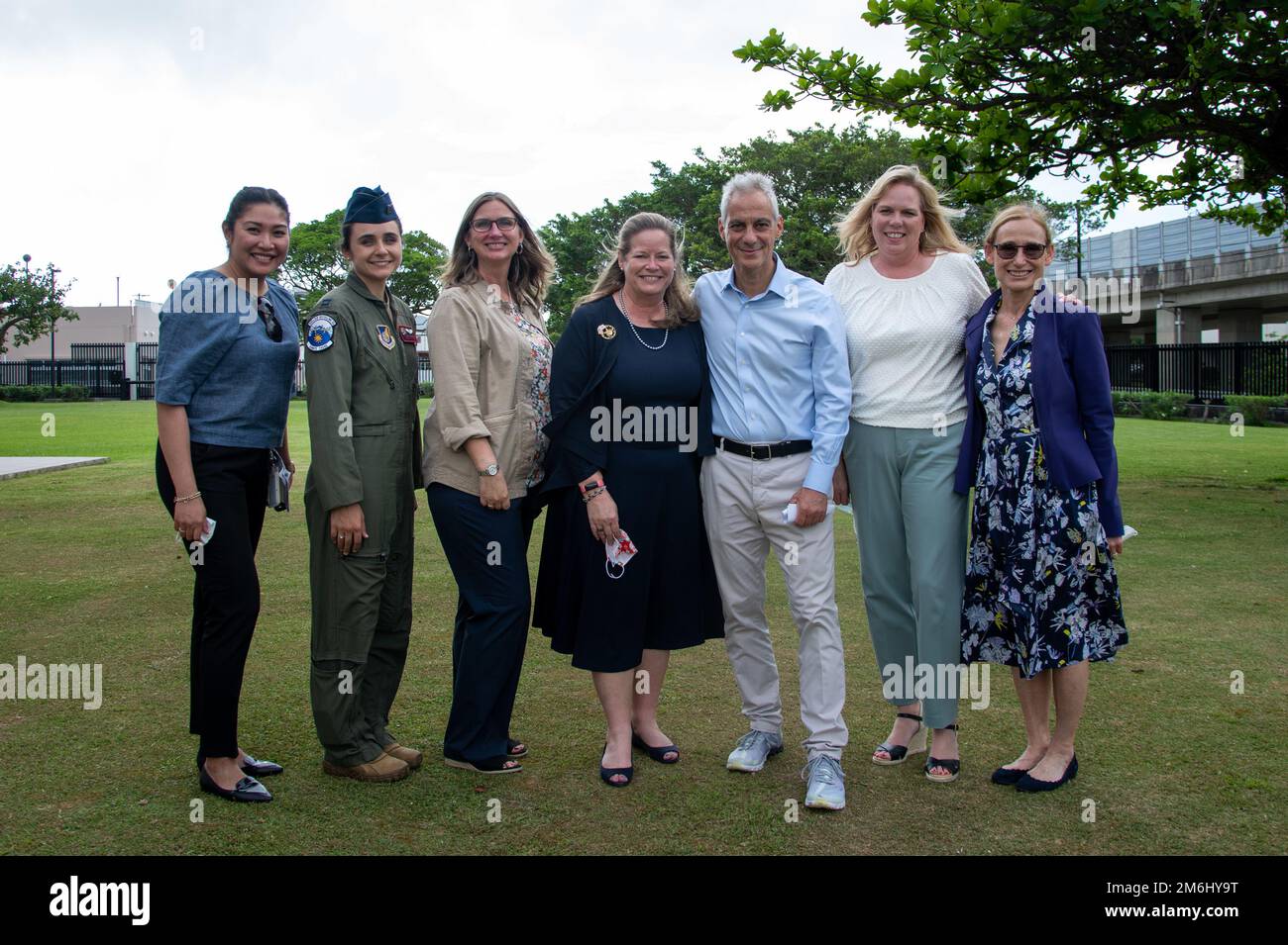 Ambassador Rahm Emanuel poses for a photo with Charlotte Rupp, Amy Rule and their team at the U.S Consulate General Naha, Japan, April 28, 2022. Emanuel greeted his wife, Rule, after she had completed her tour of Kadena Air Base and Camp Foster facilities. Stock Photo