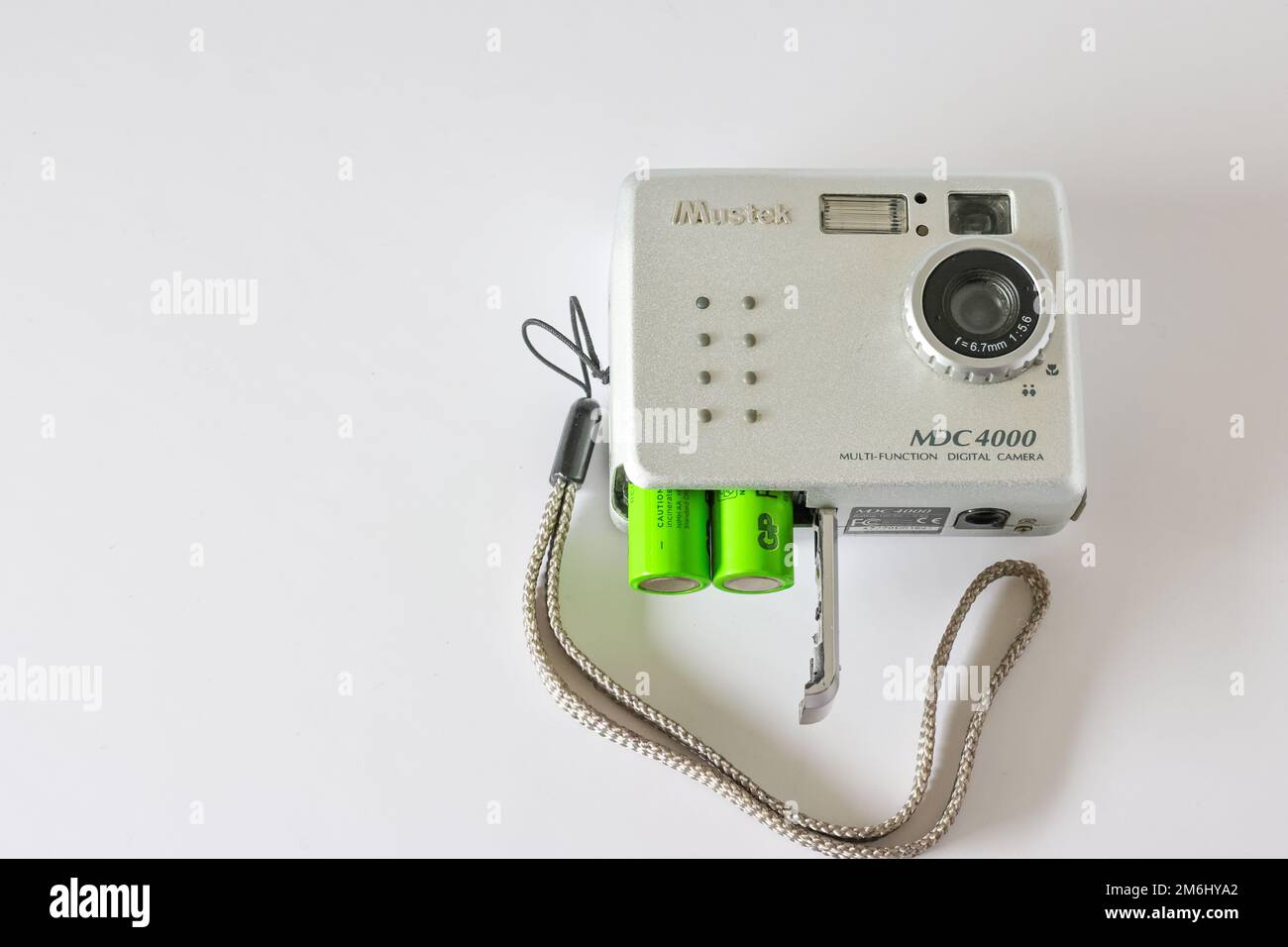 A closeup of the Mustek MDC 4000 4MP Digital Camera over a white background Stock Photo