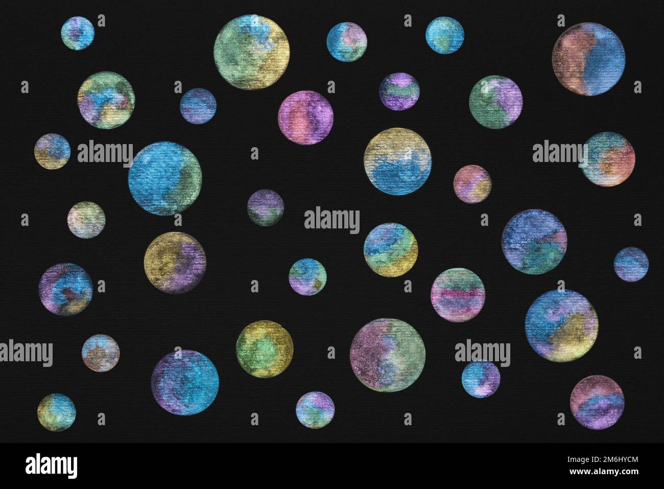 Planets painted with shining watercolor paints on black watercolor paper.  Bright watercolor circles with a metallic sheen on a black background.  Outer Stock Photo - Alamy