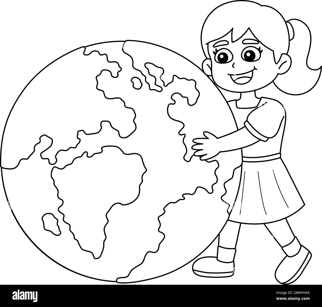 Girl Holding Earth Isolated Coloring Page  Stock Vector