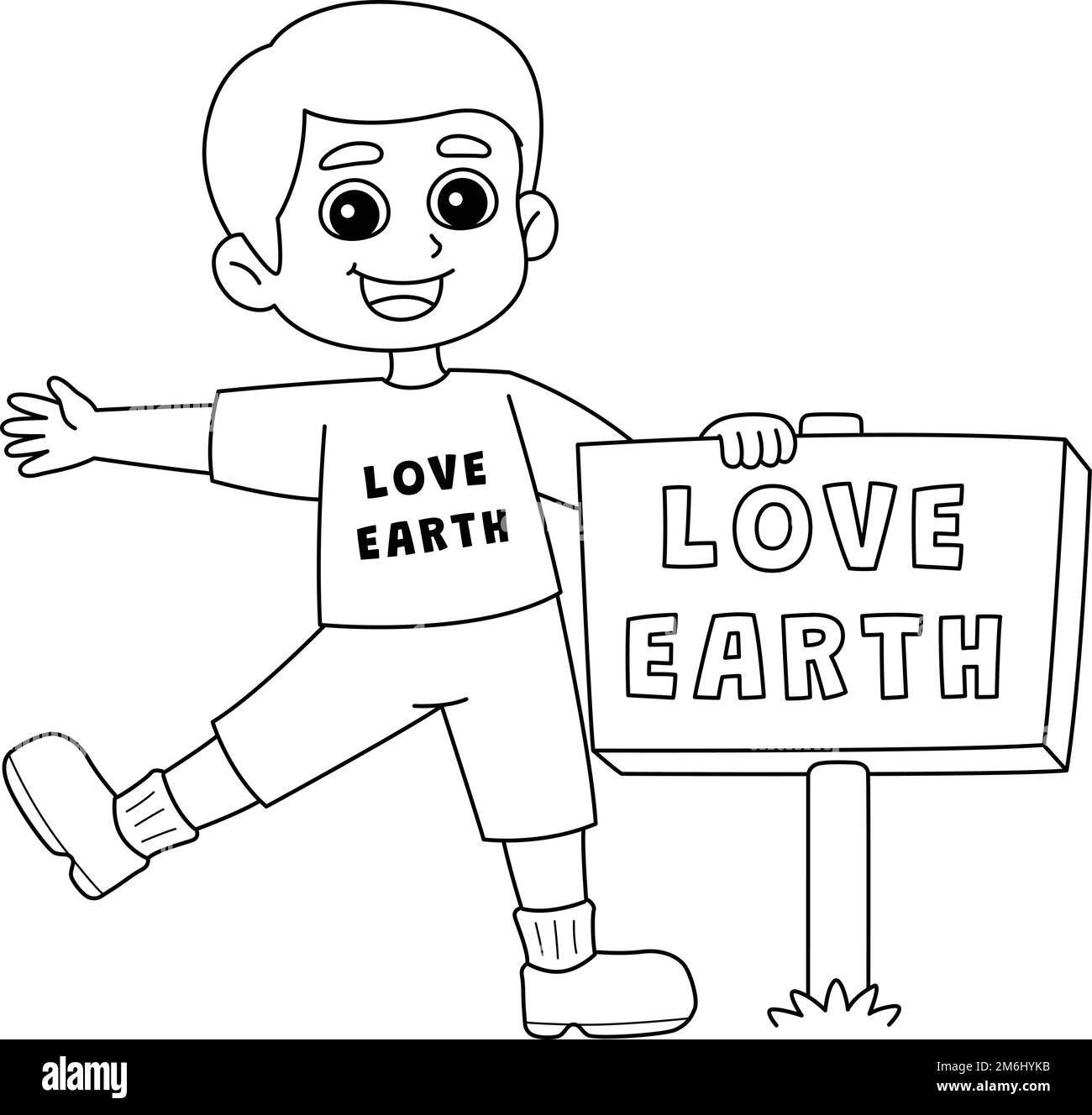 Boy Holding a Love Earth Sign Isolated Coloring  Stock Vector