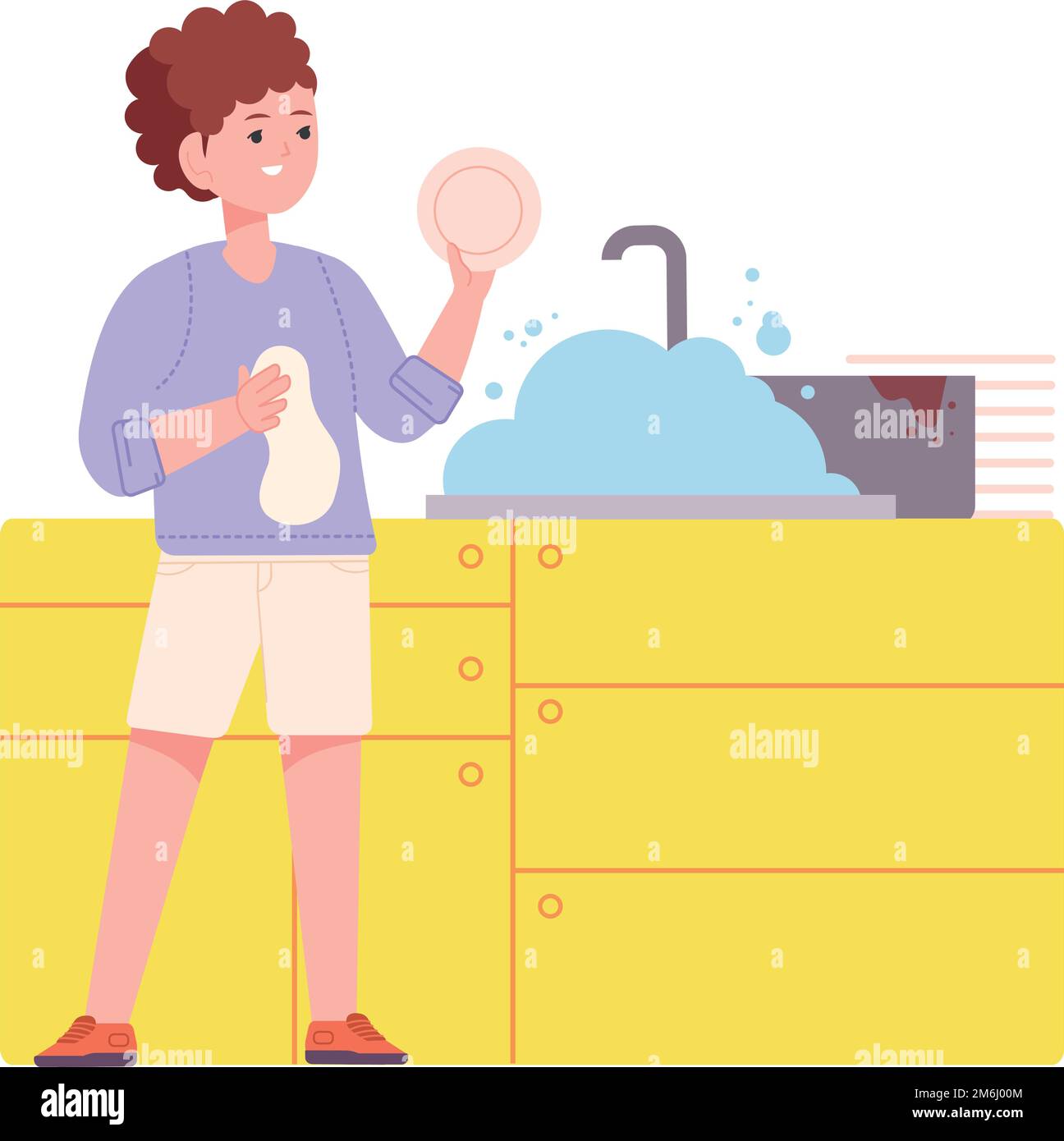 Kid washing dishes. Child responsibility in house work isolated on white background Stock Vector