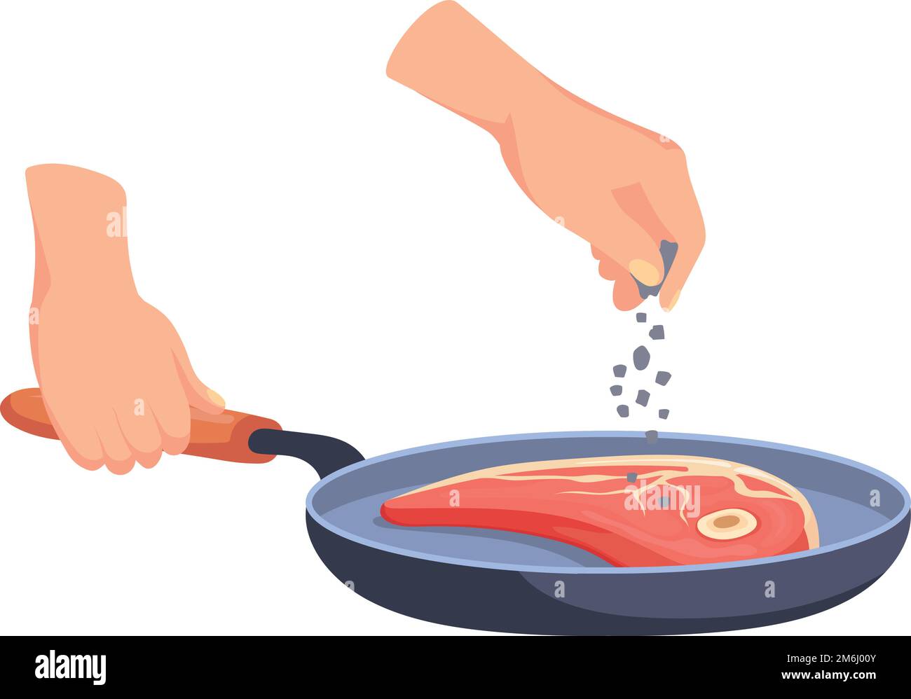 Steak seasoning on frying pan. Adding pepper on meat isolated on white
