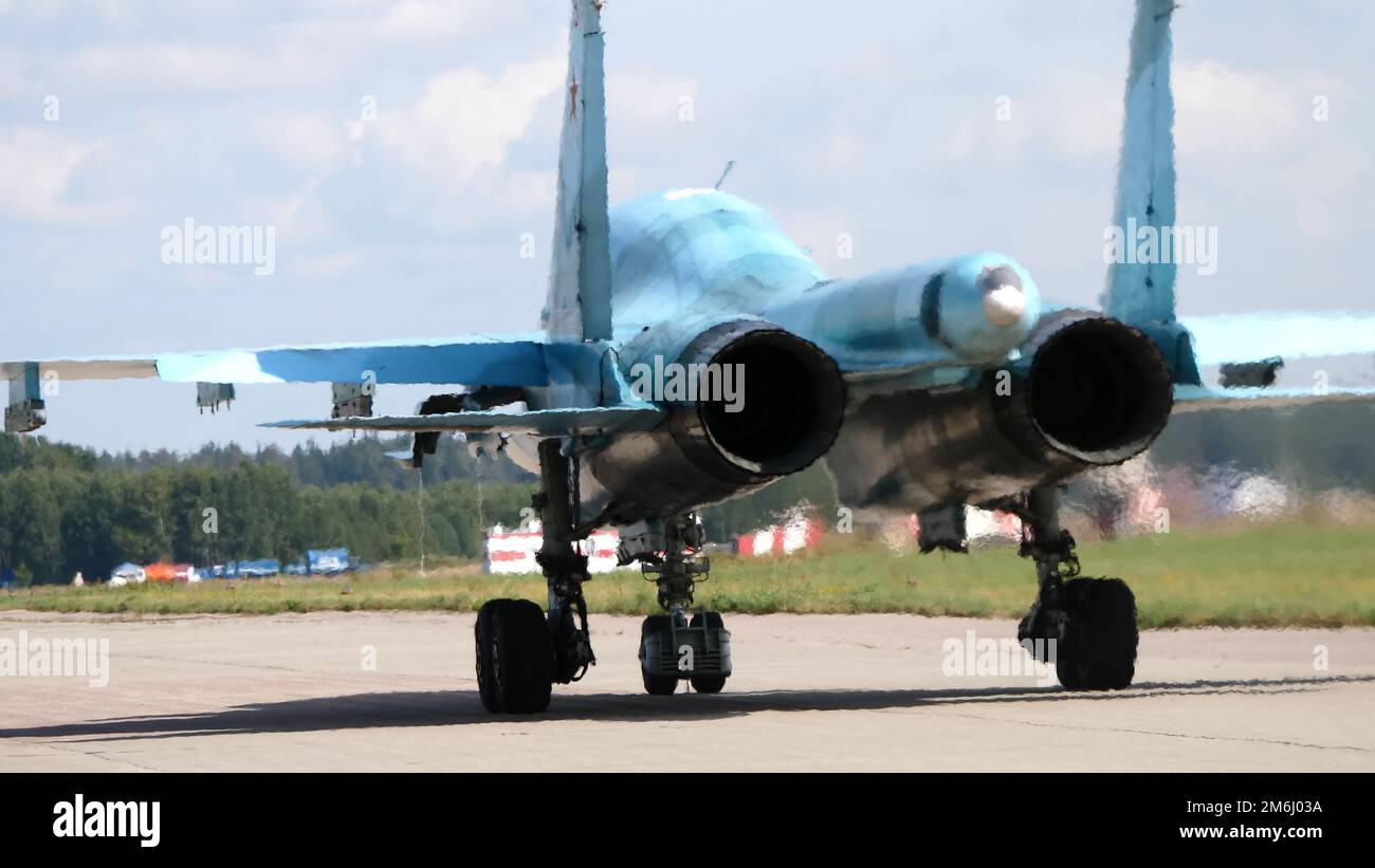 Moscow Russia Zhukovsky Airfield 31 August 2019: Demonstration of the latest Russian SU-34 fighterof the international aerospace Stock Photo