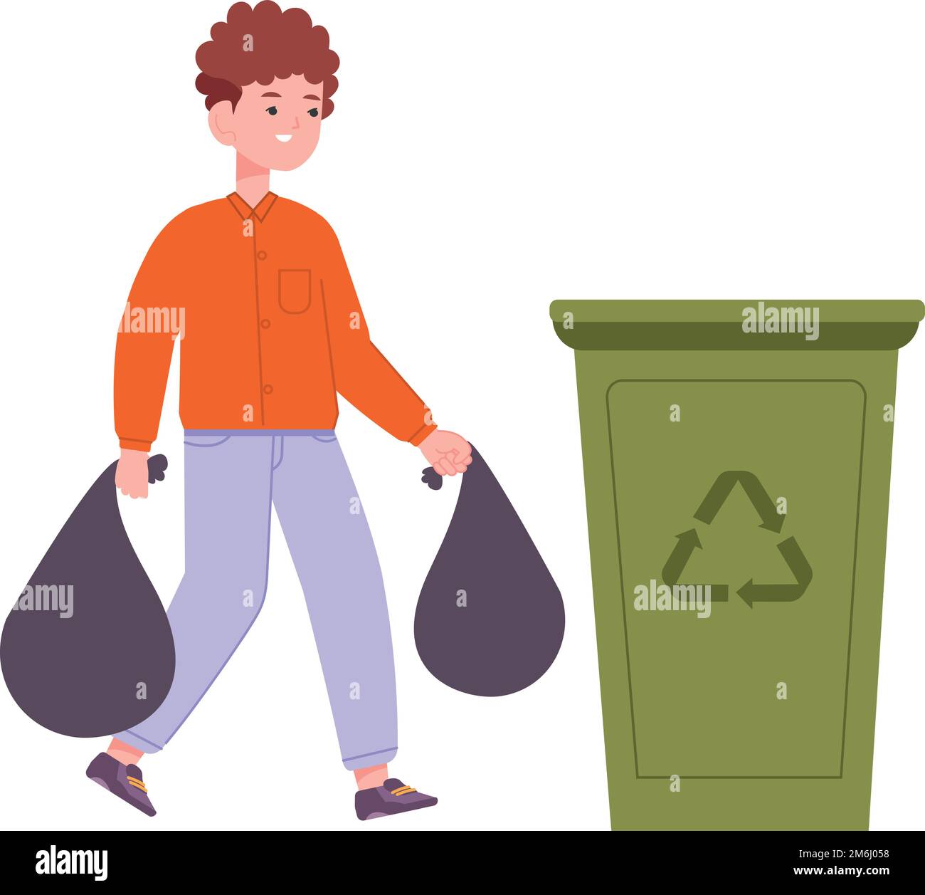 Kid throwing garbage. Boy carrying trash bags isolated on white background Stock Vector