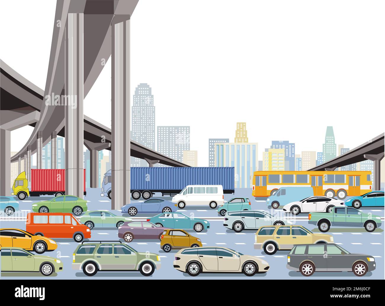 Highway in a big city with trucks and passenger cars, illustration Stock Photo