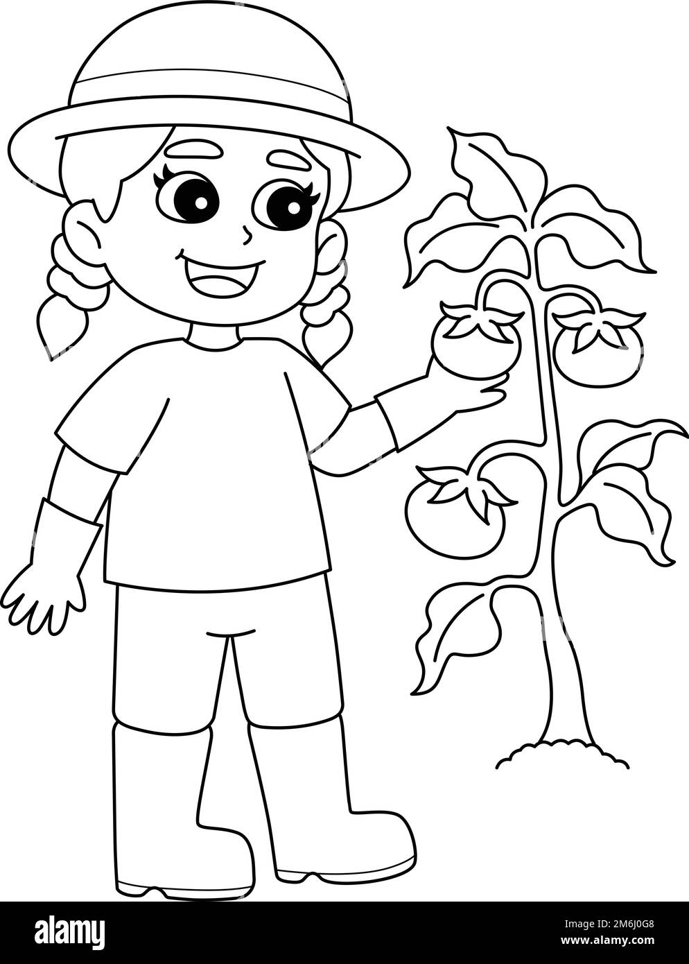 Girl Planting Vegetables Isolated Coloring Page  Stock Vector
