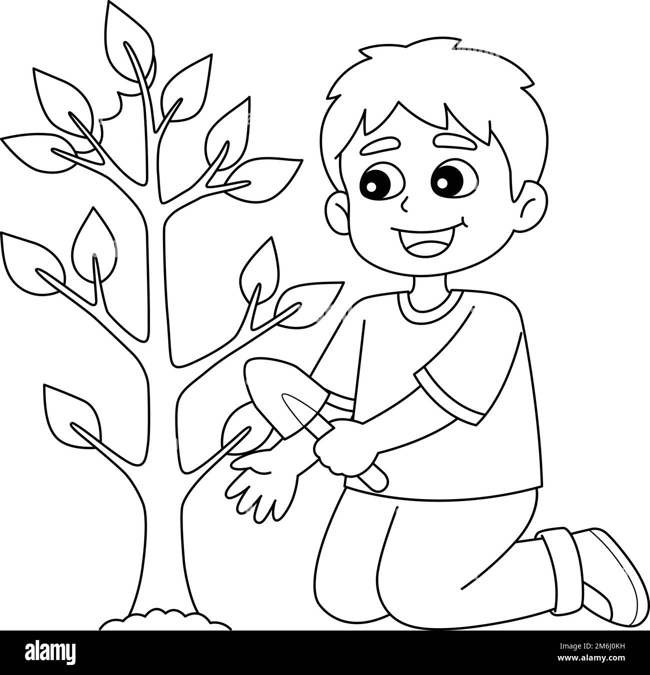 Boy Planting Trees Isolated Coloring Page  Stock Vector