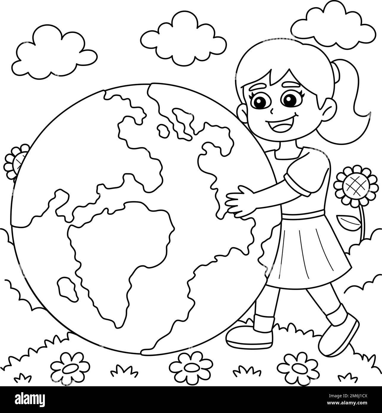 Girl Holding Earth Coloring Page for Kids Stock Vector