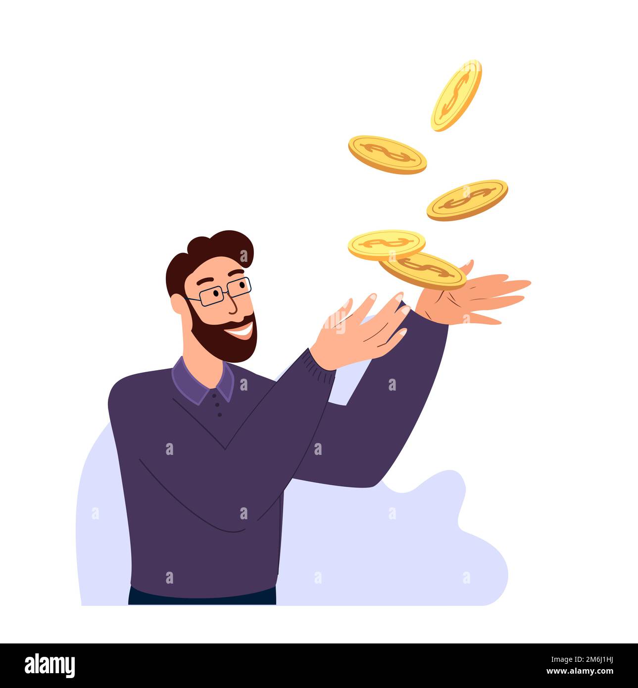 Poor but happy man taking golden cents dollars in palms.Unemployed beggar,needy person. Finance inequality,wealth and poverty concept. Flat graphic vector illustrations isolated on white background Stock Vector