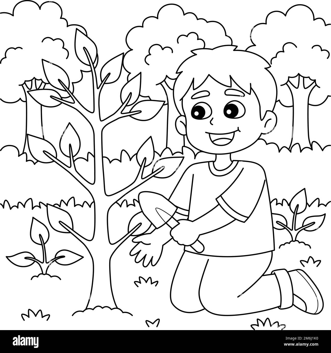 Boy Planting Trees Coloring Page for Kids Stock Vector