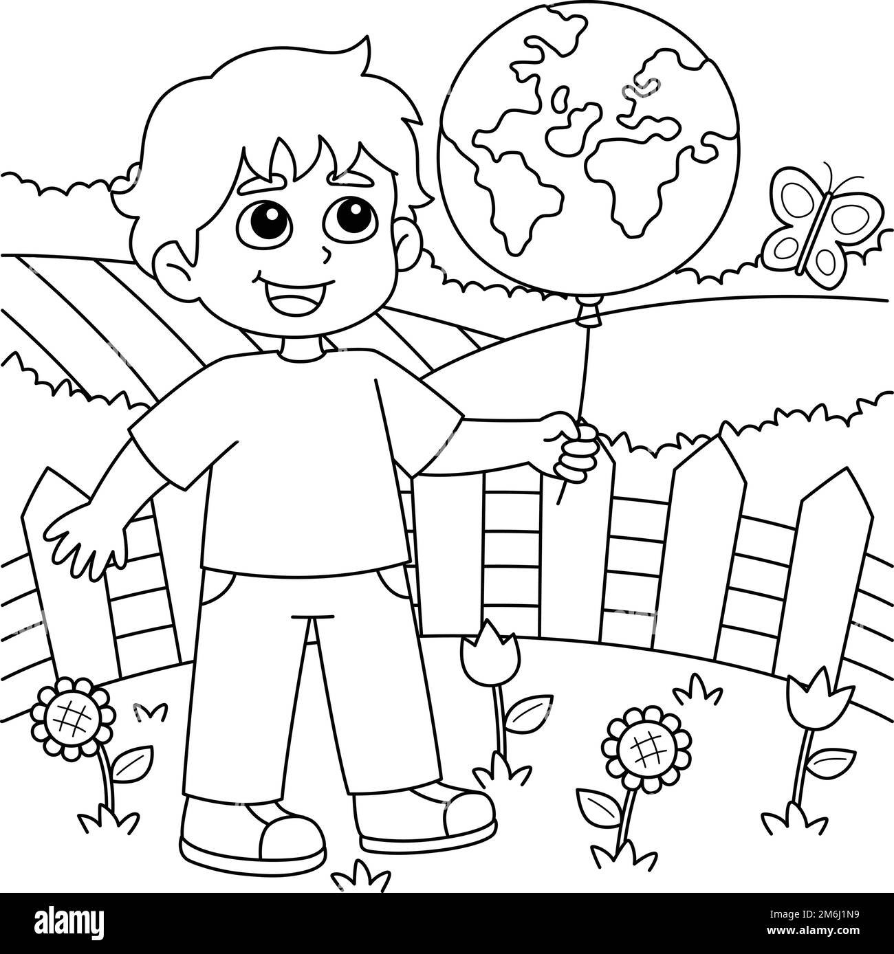Boy Holding an Earth Balloon Coloring Page  Stock Vector