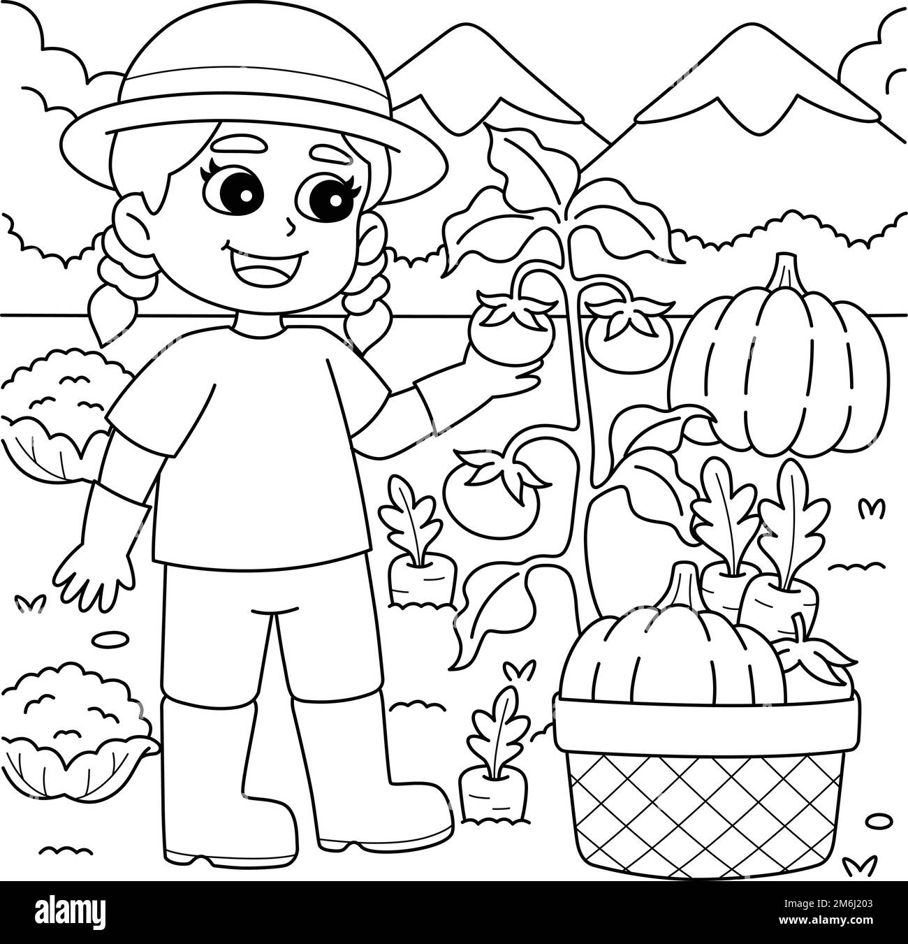 Girl Planting Vegetables Coloring Page for Kids Stock Vector