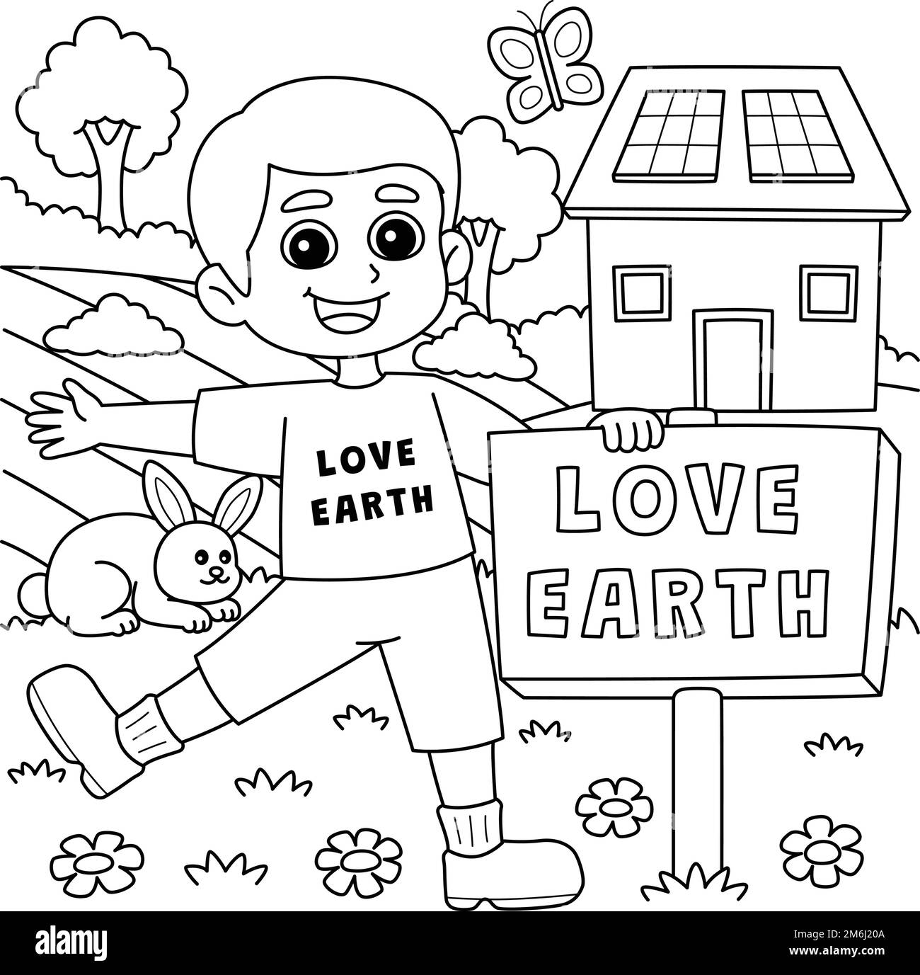 Boy Holding a Love Earth Sign Coloring Page  Stock Vector