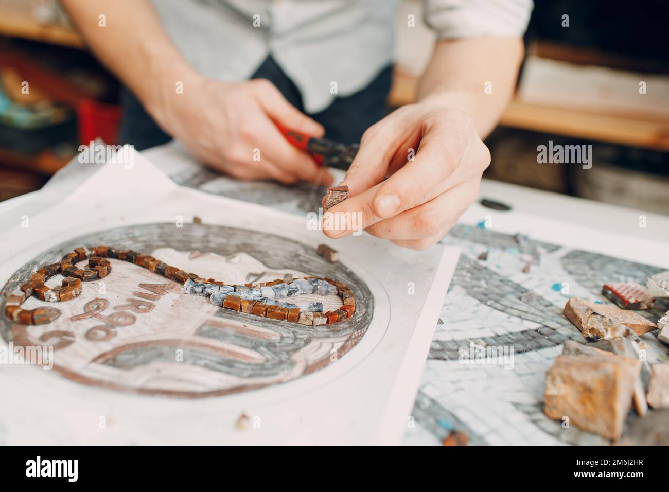 Materials sketch and tools for making colored smalt glass mosaics