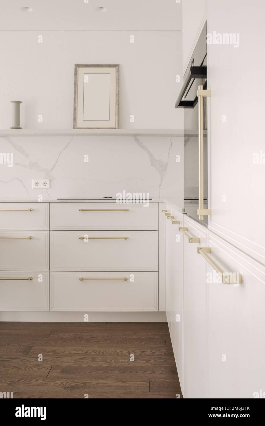 Warm white kitchen interior design, electric hob with integrated ...