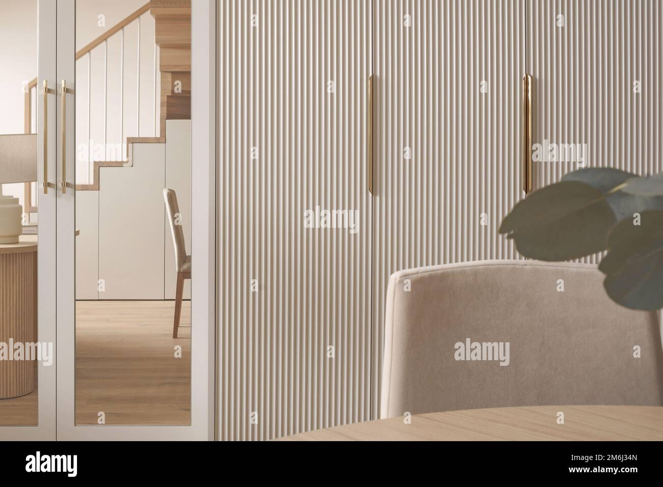 A cozy Home interior in warm beige tones in Japanese  and Scandinavian Style. Modern Scandinavian Living Room Interior Design. Japandi Concept Stock Photo