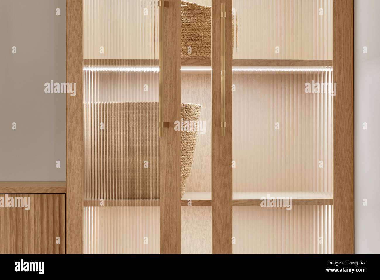 A cozy Home interior in warm beige tones in Japanese  and Scandinavian Style. Modern Scandinavian Living Room Interior Design. Japandi Concept Stock Photo