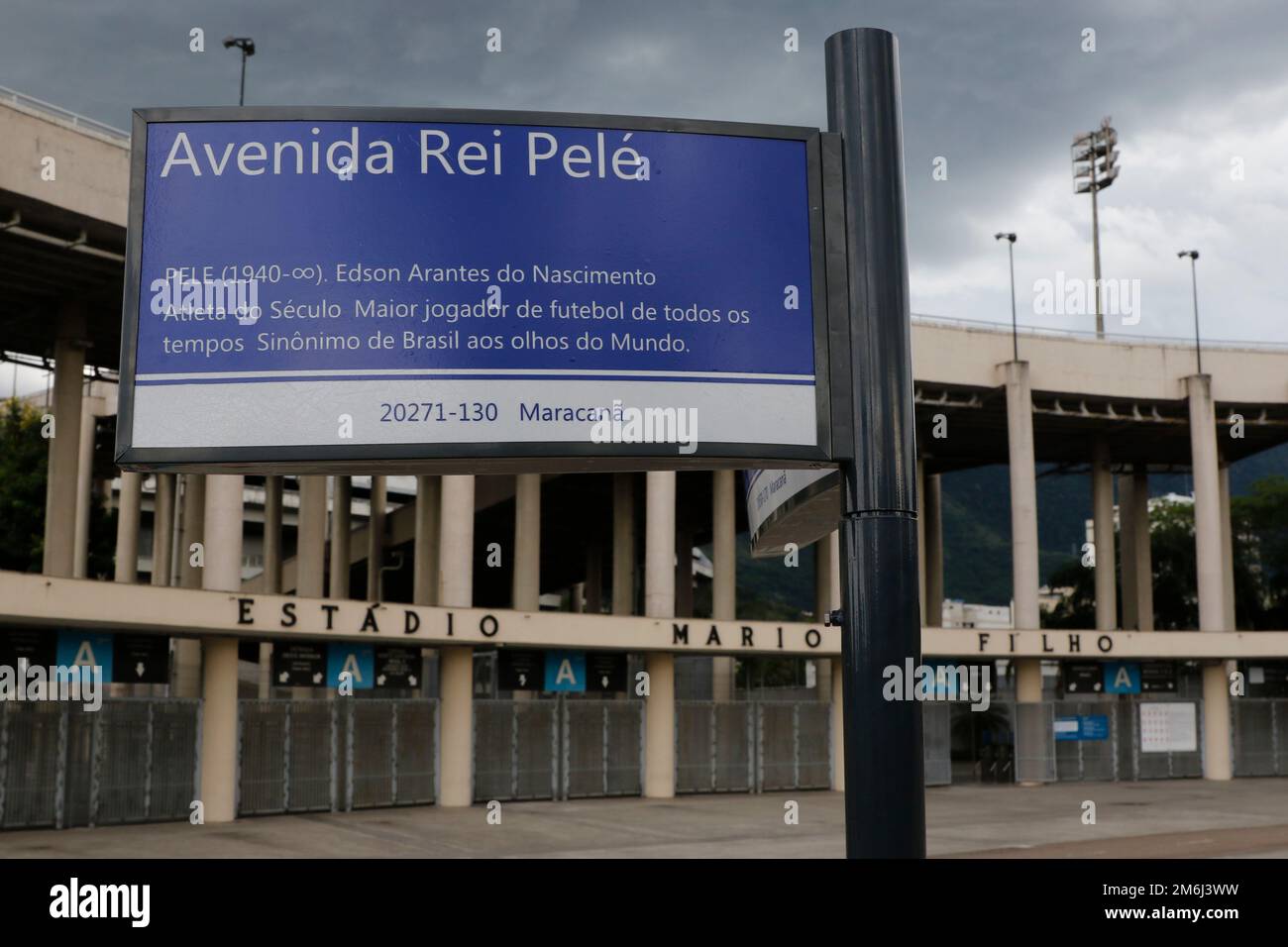 Avenue King Pelé at Macaranã Stadium, street sign. Tribute to famous brazilian soccer player Pele, Edson Arantes do Nascimento - Rio de Janeiro Brazil Stock Photo