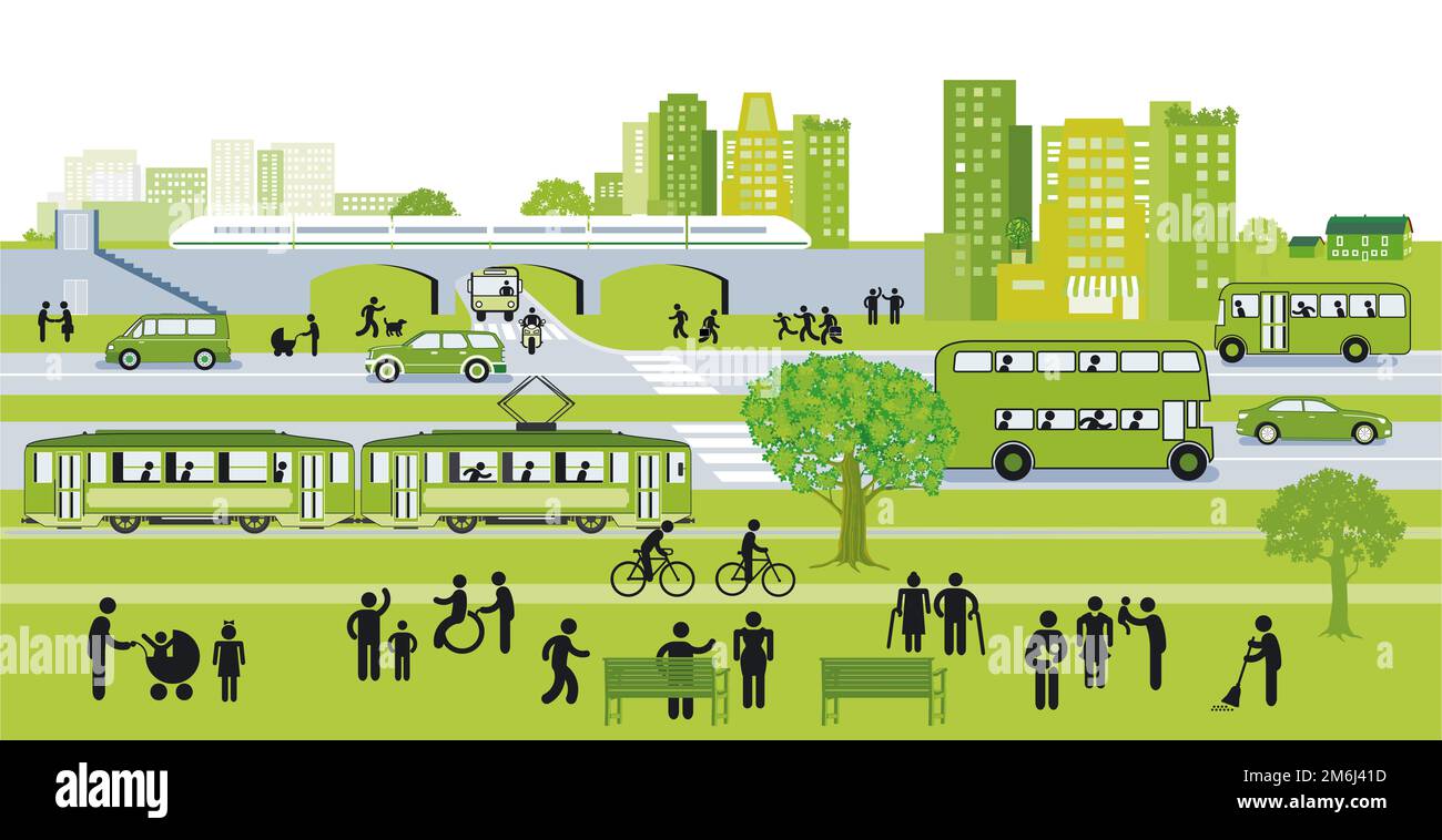 Green city with local transport, illustration Stock Photo