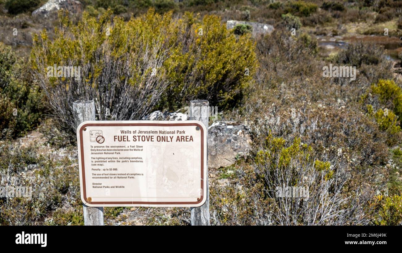 The last sign for people entering the Walls of Jerusalem National Park in Tasmania. This is fuel stove only. Walkers need to be prepared. Stock Photo