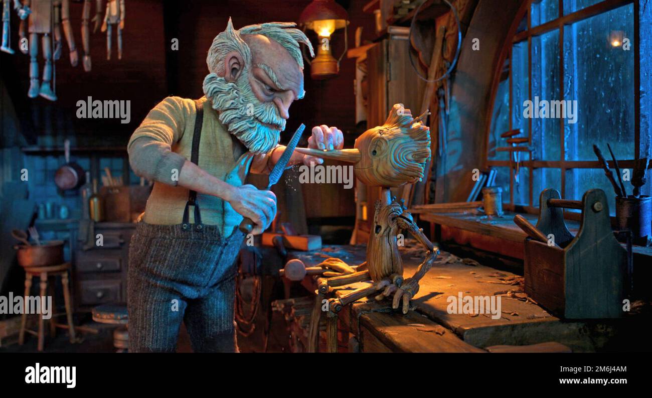 Guillermo del Toro's Pinocchio (or simply Pinocchio) is a 2022 stop-motion animated musical fantasy film directed by Guillermo del Toro and Mark Gustafson, with a screenplay by del Toro and Patrick McHale from a story by del Toro and Matthew Robbins.    This photograph is for editorial use only and is the copyright of the film company and/or the photographer assigned by the film or production company and can only be reproduced by publications in conjunction with the promotion of the above Film. A Mandatory Credit to the film company is required. The Photographer should also be credited when kn Stock Photo