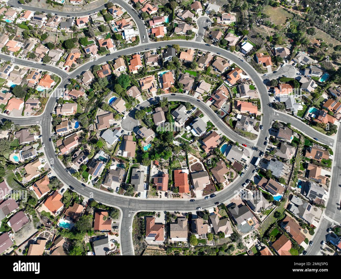 Aerial top view middle class neighborhood in South California, USA