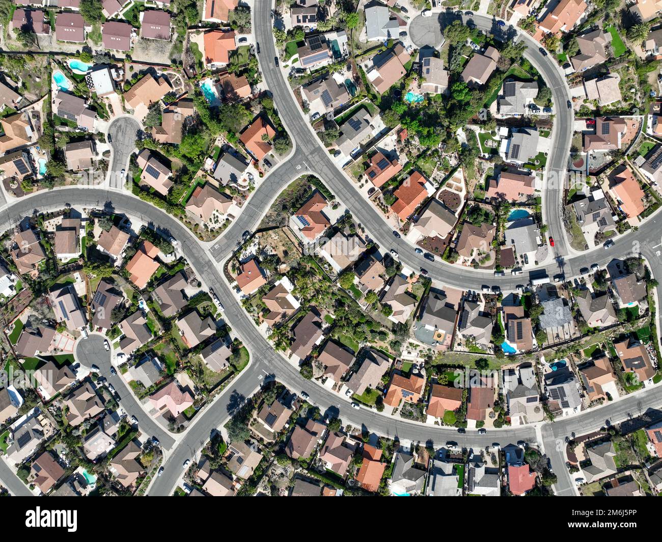 Aerial top view middle class neighborhood in South California, USA