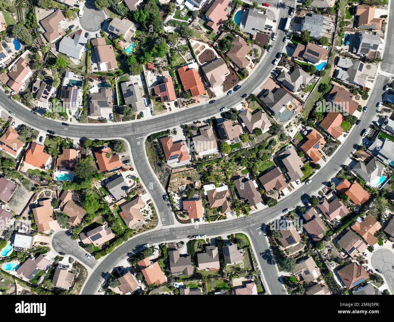 Aerial top view middle class neighborhood in South California, USA