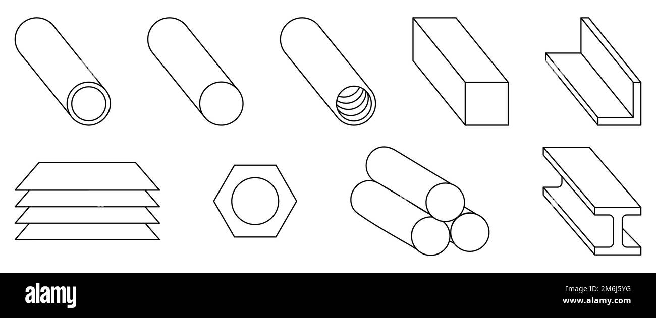 Metal products icons set. Fabrication of metal raw materials, parts, linear icon collection. Vector illustration Stock Vector