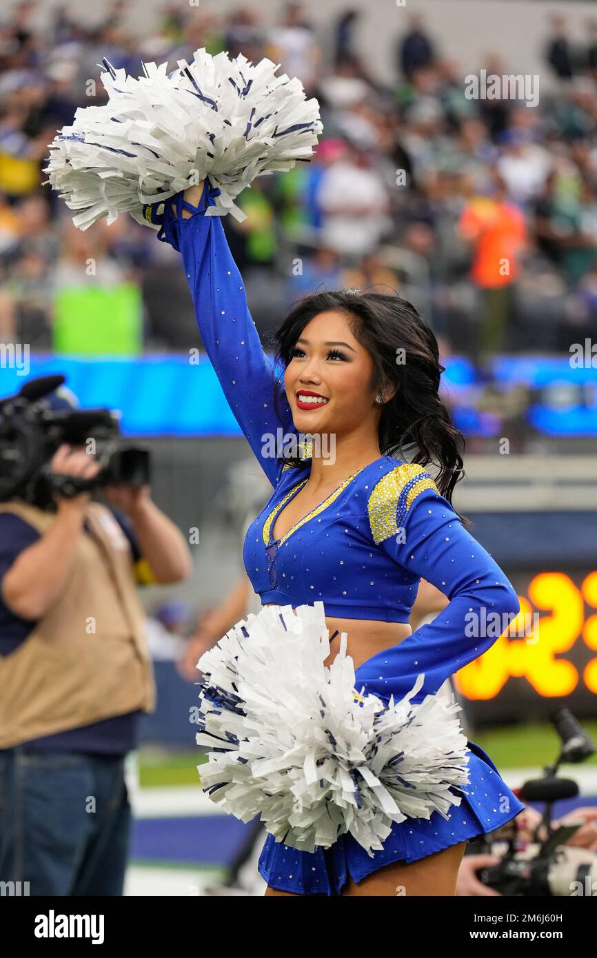Los Angeles Rams Cheerleader against the Seattle Seahawks during a NFL football game, Sunday, Dec. 4, 2022, in Inglewood, Calif at Sofi Stadium. The S Stock Photo
