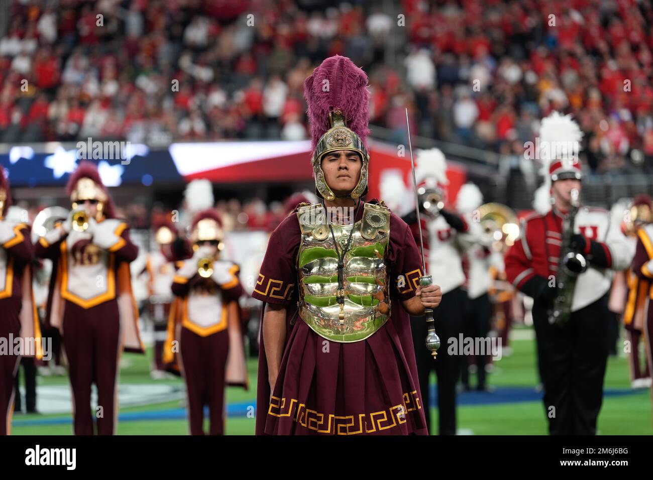 Southern California Trojans mascot Tommy Trojan with Spirit of Troy Marching band during the Pac-12 Championship at Allegiant Stadium. Utah defeated U Stock Photo