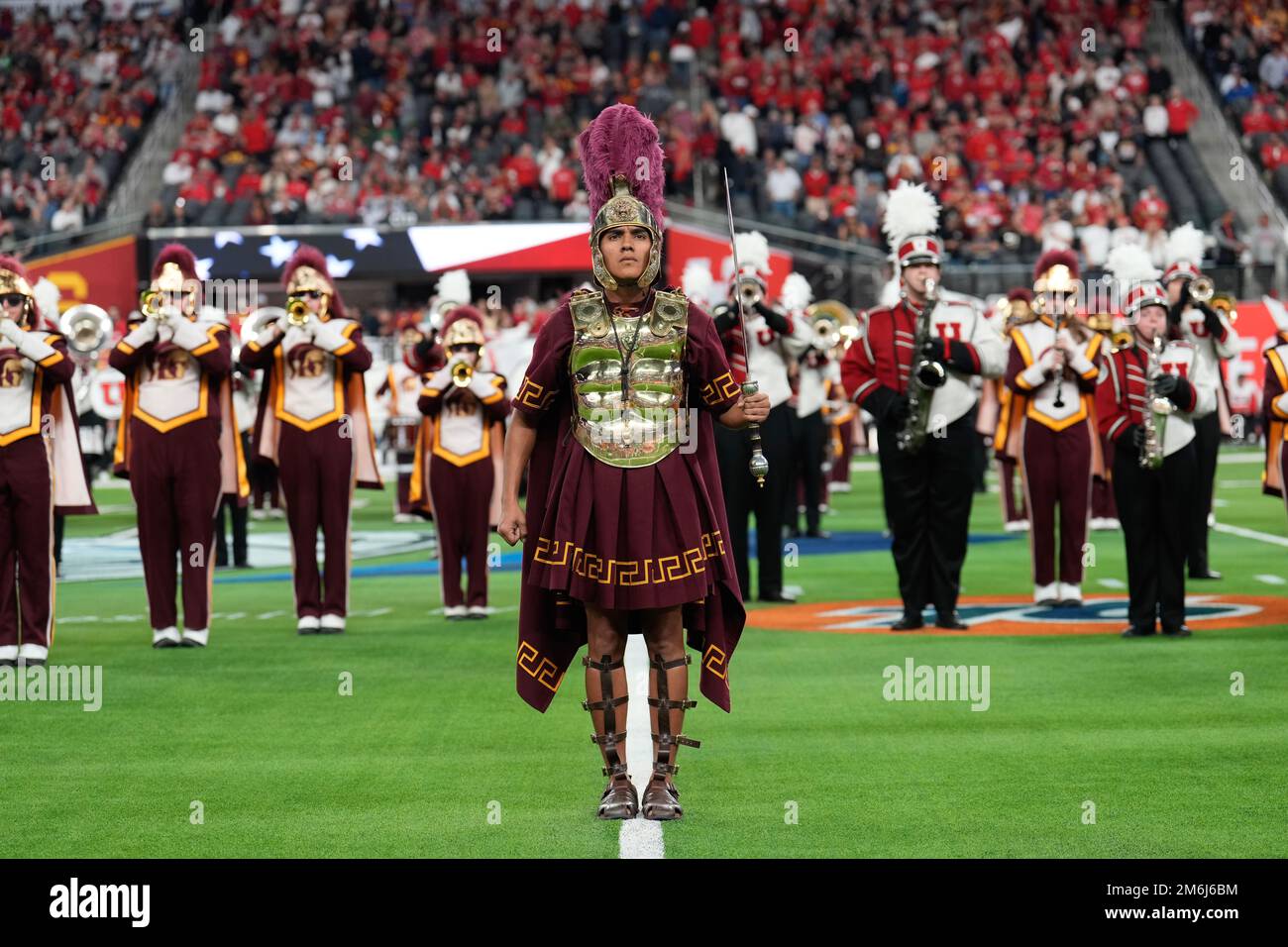 Southern California Trojans mascot Tommy Trojan with Spirit of Troy Marching band during the Pac-12 Championship at Allegiant Stadium. Utah defeated U Stock Photo
